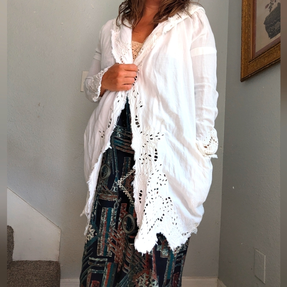 Free People Embroidered Cutwork Hooded Duster